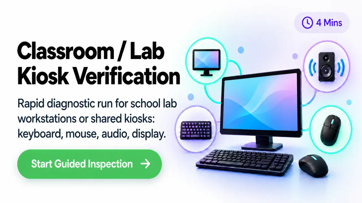 Classroom and Lab Kiosk Verification card, about 4 minutes. Rapid diagnostic run for school lab workstations or shared kiosks: keyboard, mouse, audio, display, with a Start Guided Inspection button.