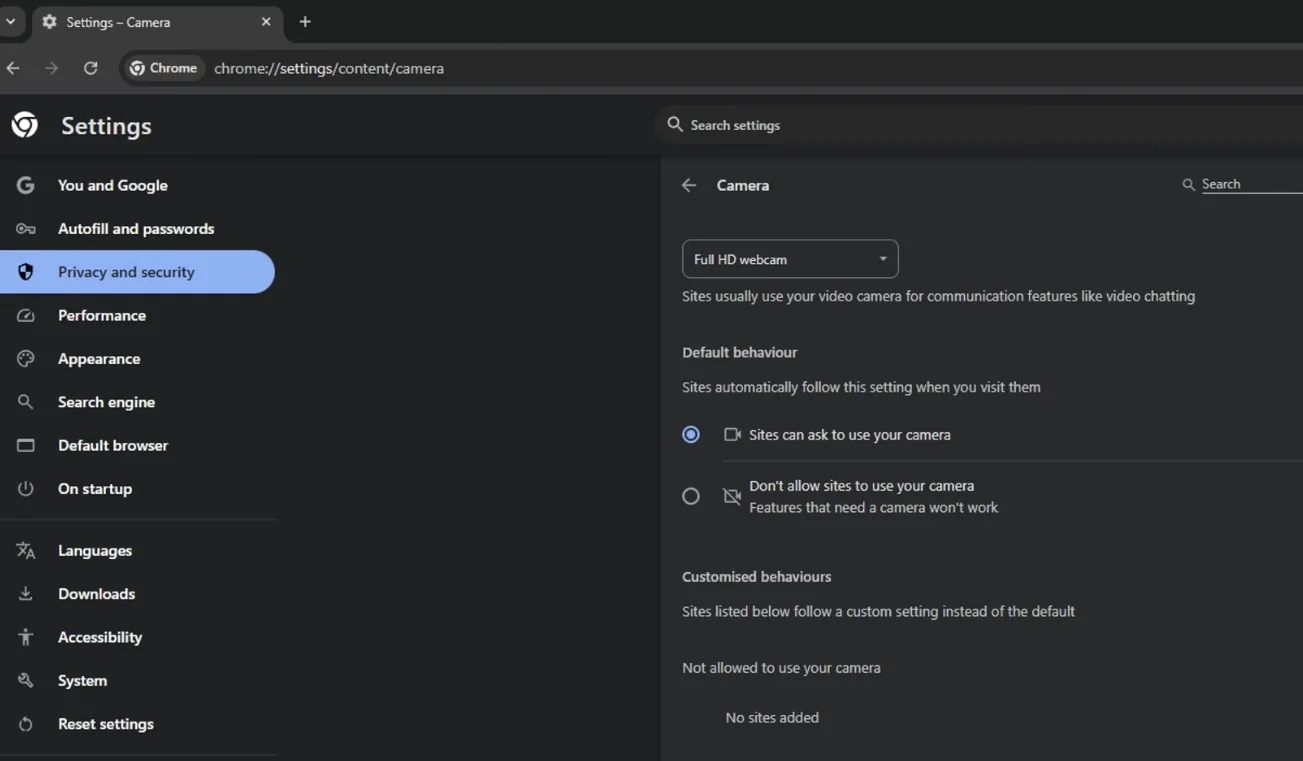 Chrome Settings, Privacy and security, Site settings, Camera: default camera dropdown, 'Sites can ask to use your camera' selected, and an empty 'Not allowed to use your camera' list